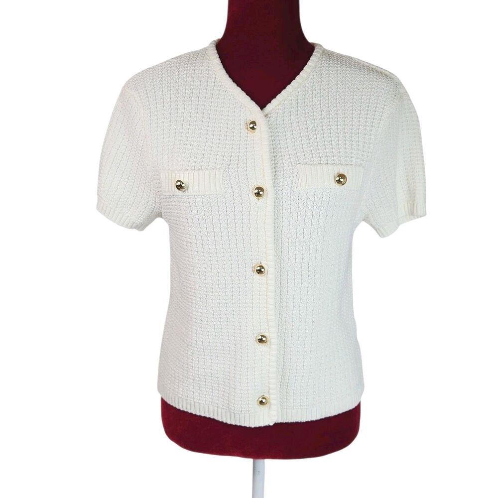 French Connection Cream Textured Knit Short Sleeve Cardigan Small Gold Buttons